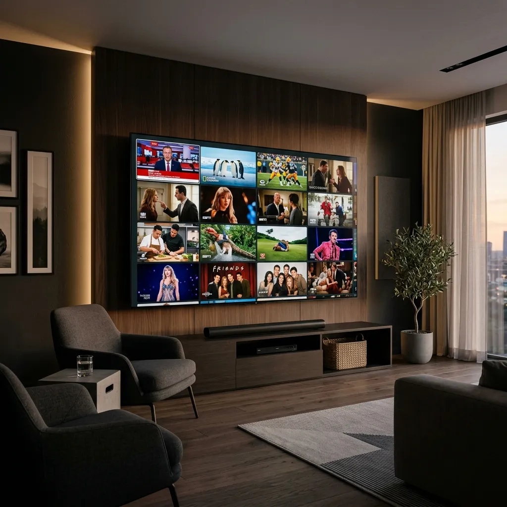 Deutsche IPTV Senderliste: Übersicht von deutschen TV-Kanälen und Logos auf einem 4K-Bildschirm.