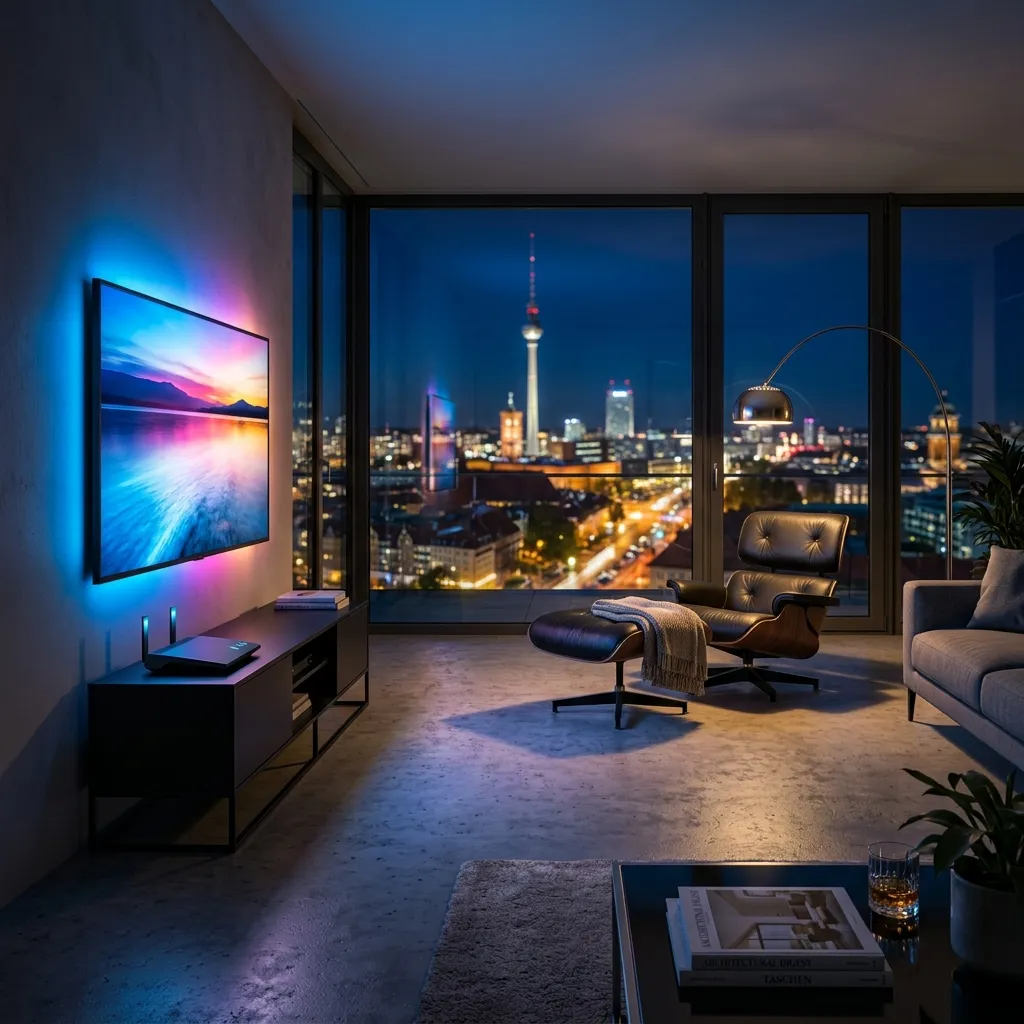 IPTV Deutschland Marktbericht: Leuchtende digitale Deutschlandkarte auf einem OLED-Fernseher im Wohnzimmer.