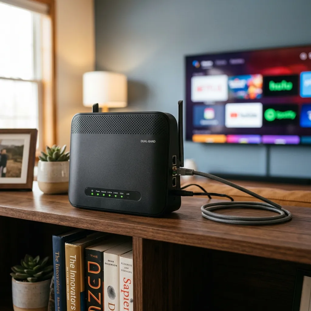 IPTV ruckelt beheben: Ein moderner WLAN-Router mit grünen LEDs sorgt für stabiles Streaming auf dem Fernseher.