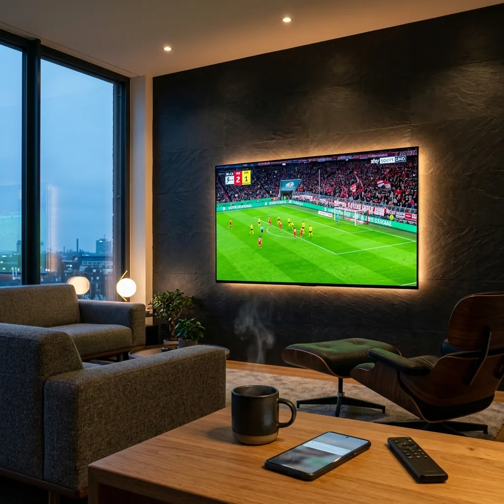 IPTV Anbieter im Vergleich: Moderner Smart-TV zeigt Live-Fußball und Streaming-Vergleichsgrafik in UHD.